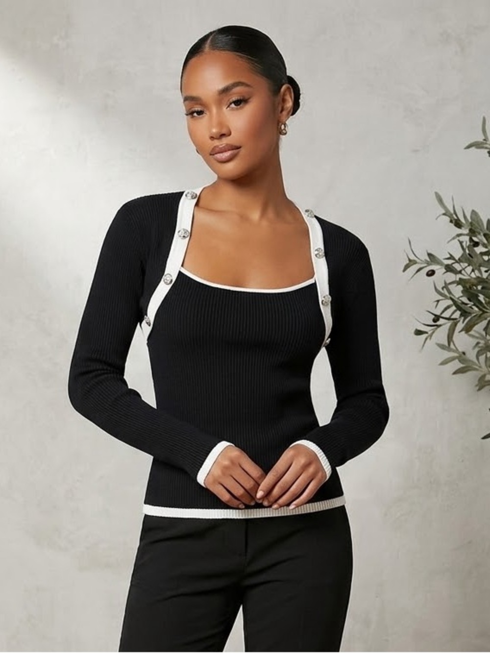 Fashion Nova - Classy - Preppy - Square Neck Sweater - Black & White - Size XL